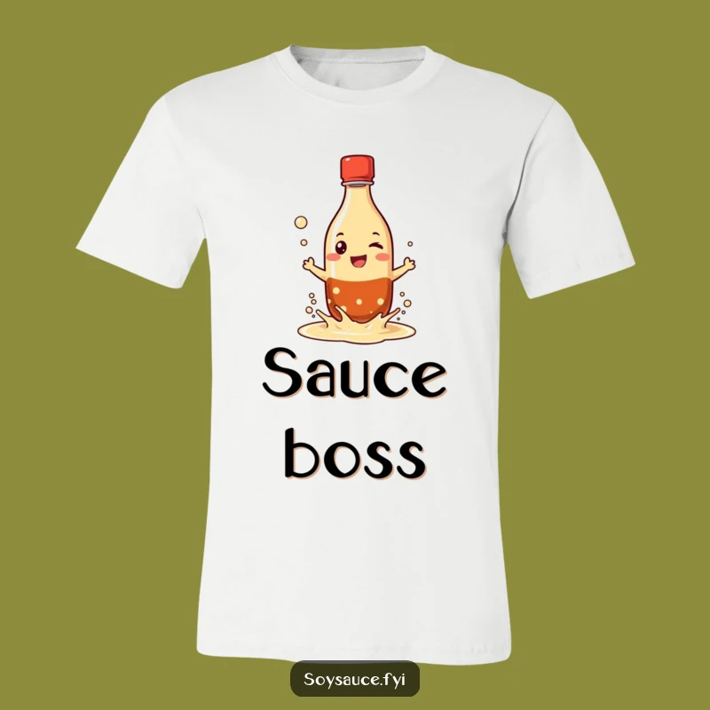 Funny T-Shirt: Grinning Soy Sauce Bottle - Playful Splash Design - Comical Wear!