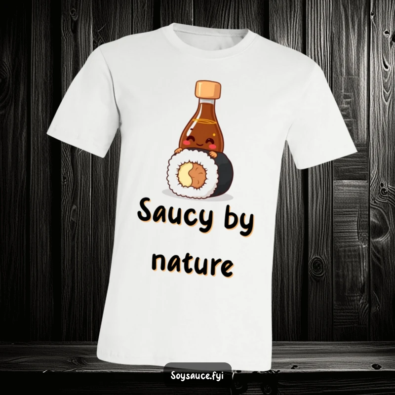 Funny T-Shirt with a giggling soy sauce bottle character peeking from behind sushi, celebrating foodie culture with humor.