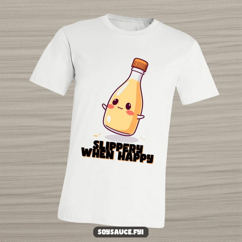 Funny kawaii soy sauce bottle t-shirt, wobbling with a comical expression, perfect for casual wear and humor lovers.