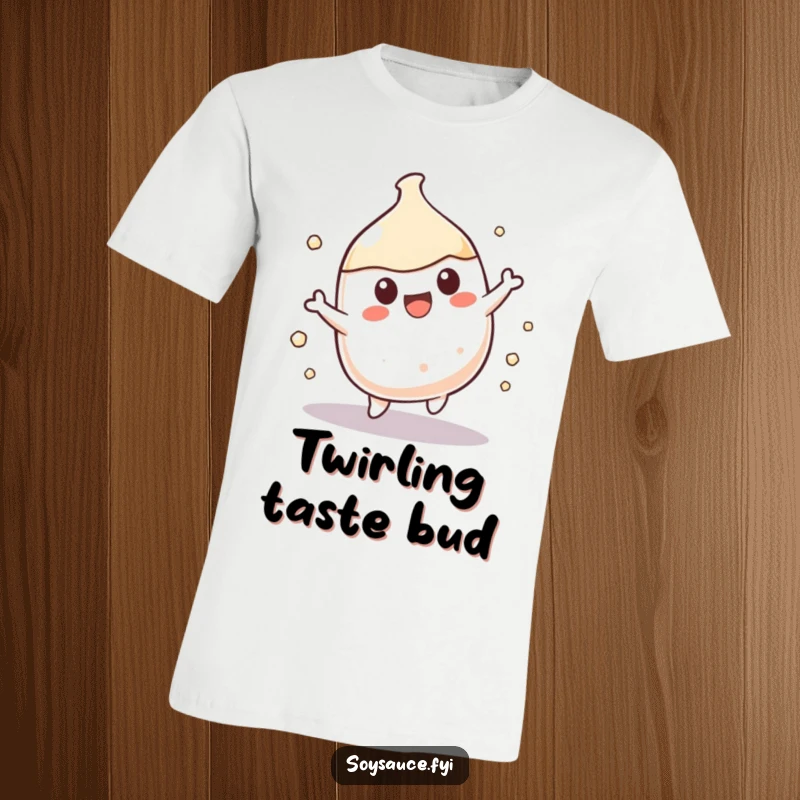 Funny Kawaii soy sauce character in a playful spin, captured on a comfortable and funny T-shirt.