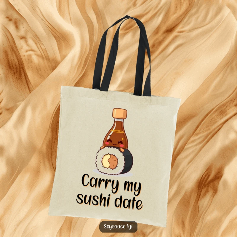 Funny Tote Bag showcasing a giggling soy sauce bottle peeking from behind sushi, ideal for carrying items with food-themed humor.