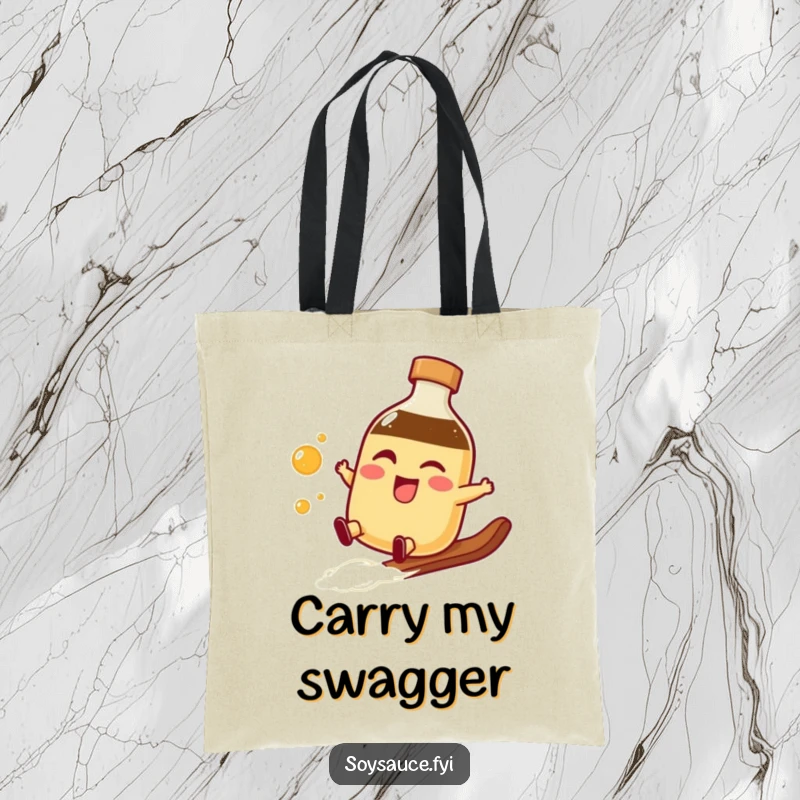 Funny winking soy sauce bottle tote bag doing a smooth slide, showcasing playful coolness and practicality for daily use.