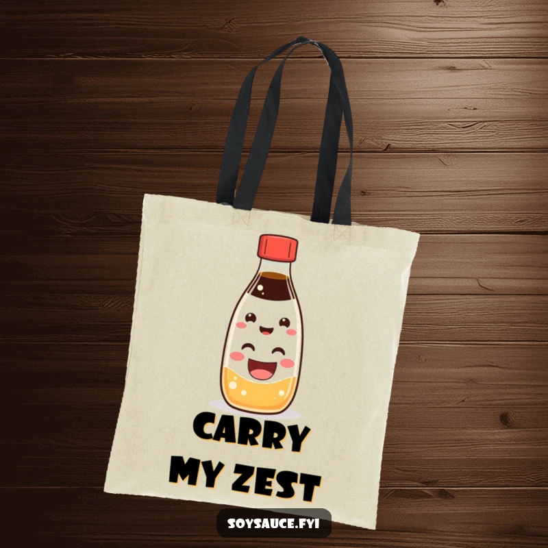 Funny Kawaii soy sauce bottle character with a big, happy smile, perfect for a stylish and funny tote bag.
