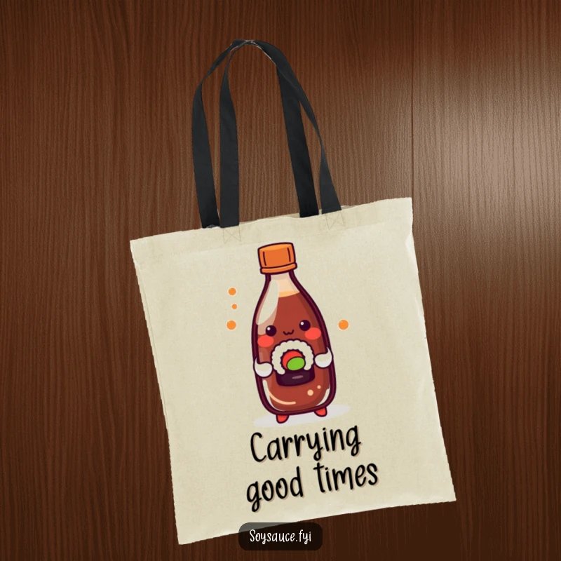Funny kawaii soy sauce bottle playfully holding a tiny sushi roll, printed on a reusable tote bag.