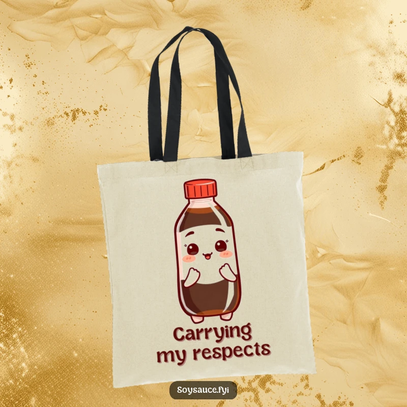 Funny Soy Sauce Tote Bag featuring a bottle character in a respectful bow, ideal for carrying items gracefully.