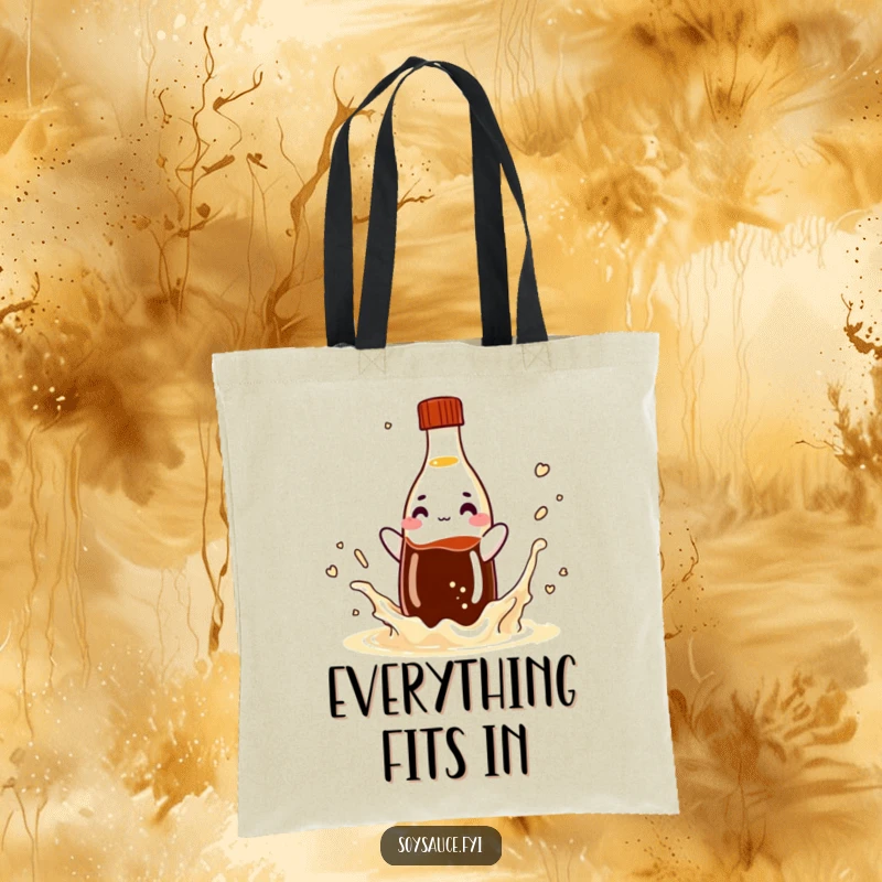 Funny soy sauce bottle tote bag, depicting a playful condiment character in a splashing pose, ideal for everyday use.