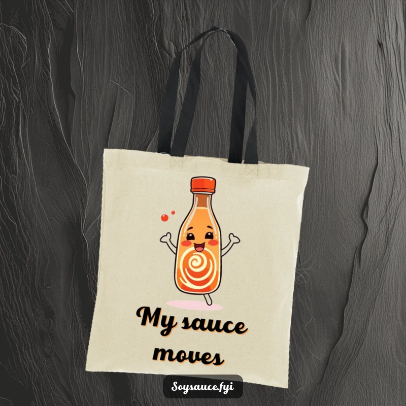 Funny Soy Sauce Tote Bag featuring a dancing bottle with a happy swirl, ideal for grocery runs and more.