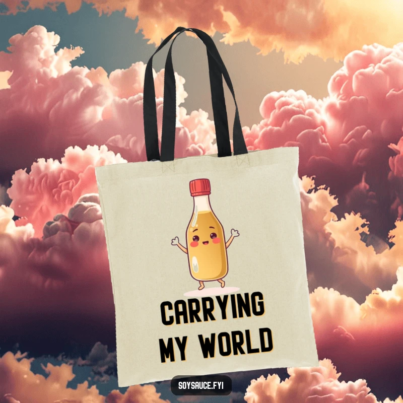 Funny cheerful soy sauce bottle tote bag dancing with its cap, a happy condiment character ready for errands.