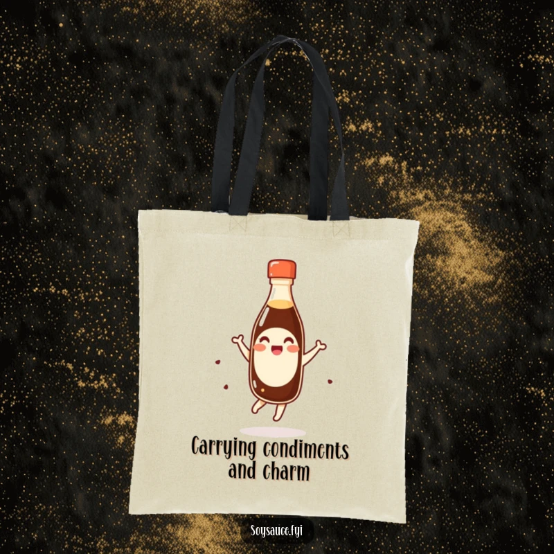 Funny giggling kawaii soy sauce bottle doing a happy pirouette on a reusable tote bag, a humorous and practical accessory.