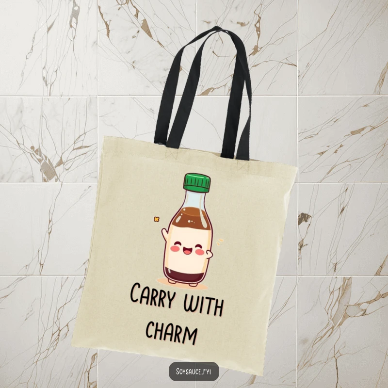 Funny Kawaii soy sauce bottle character tipping its cap playfully, perfect for a stylish and funny tote bag.
