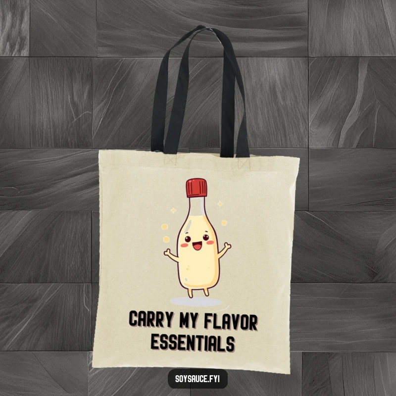 Funny kawaii soy sauce bottle doing a happy dance with its cap, perfect for carrying groceries with a humorous flair.