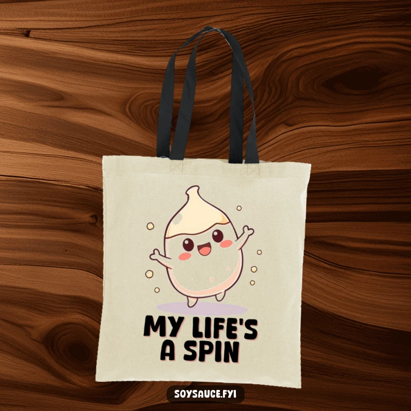 Funny Kawaii soy sauce character doing a cute spin, perfect for a stylish and funny tote bag.