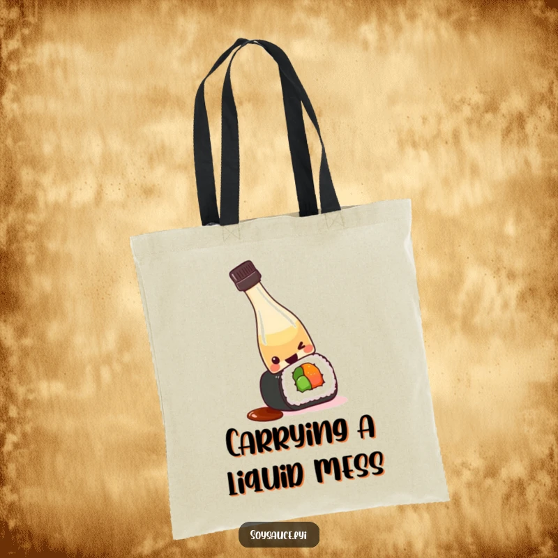 Funny kawaii soy sauce bottle tipping over playfully onto a sushi roll, making this tote bag a humorous accessory for everyday use.