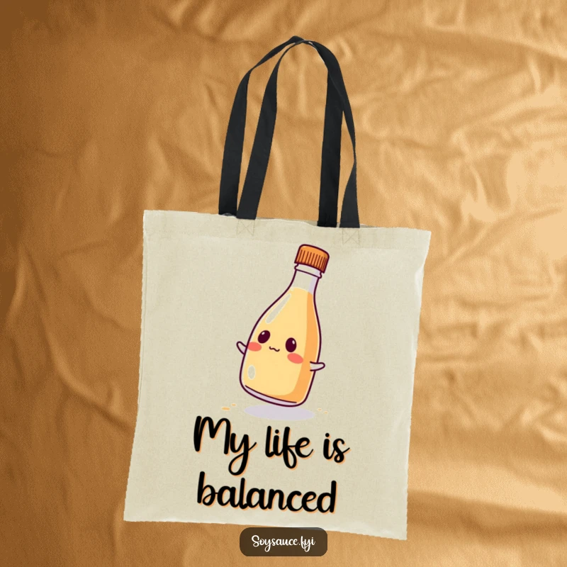 Funny kawaii soy sauce bottle tote bag, depicted wobbling comically with a cute expression, ideal for shopping.