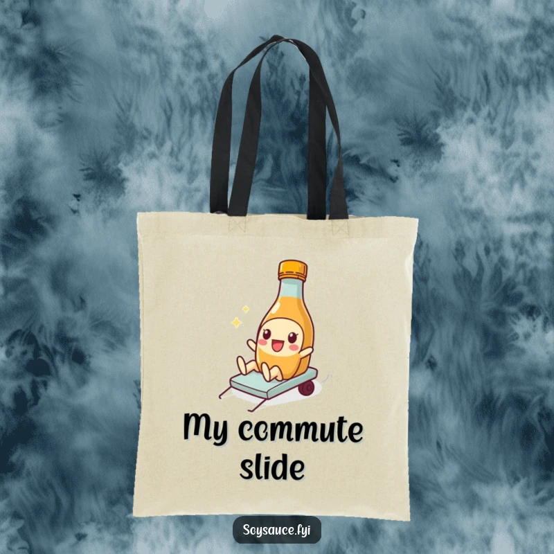 Funny Soy Sauce Tote Bag featuring a bottle character doing a silly slide, ideal for carrying anything with flair.
