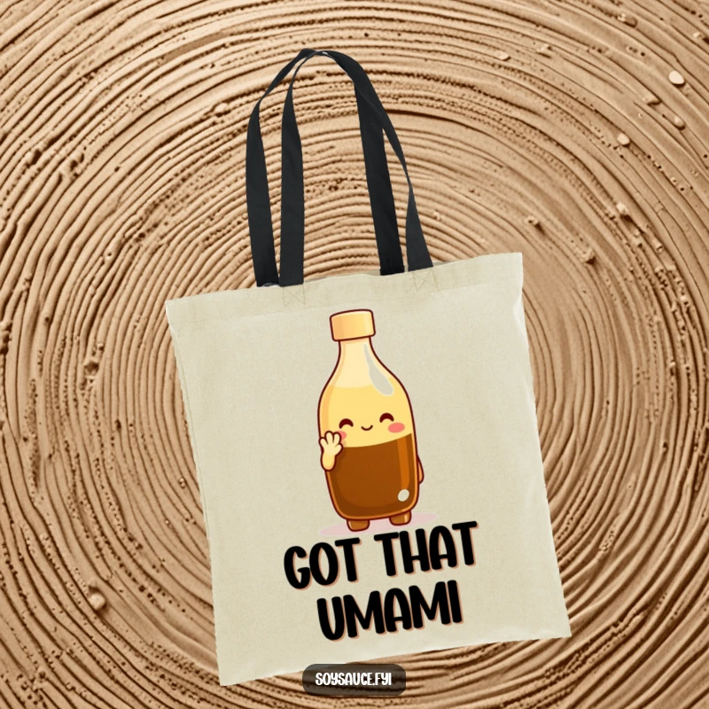 Funny tote bag featuring a cheerful soy sauce bottle character giving a respectful nod, perfect for carrying groceries or goods with humor. A funny gift.
