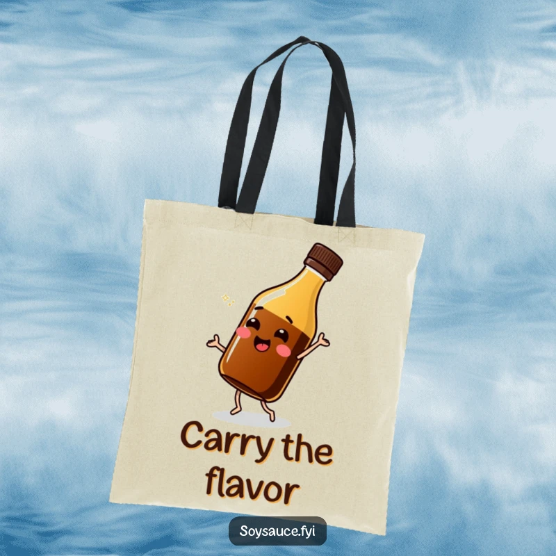 Funny soy sauce bottle tote bag, in a lively shimmy pose, practical and humorous accessory for carrying items.