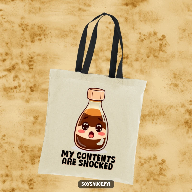 Funny Tote Bag: A durable bag printed with a comically surprised soy sauce bottle, ideal for everyday use and humor.