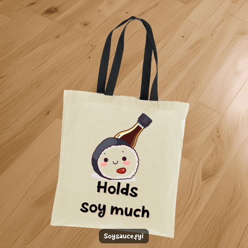 Funny and practical tote bag featuring a soy sauce bottle hiding behind sushi, a great humorous gift for shoppers and food lovers.