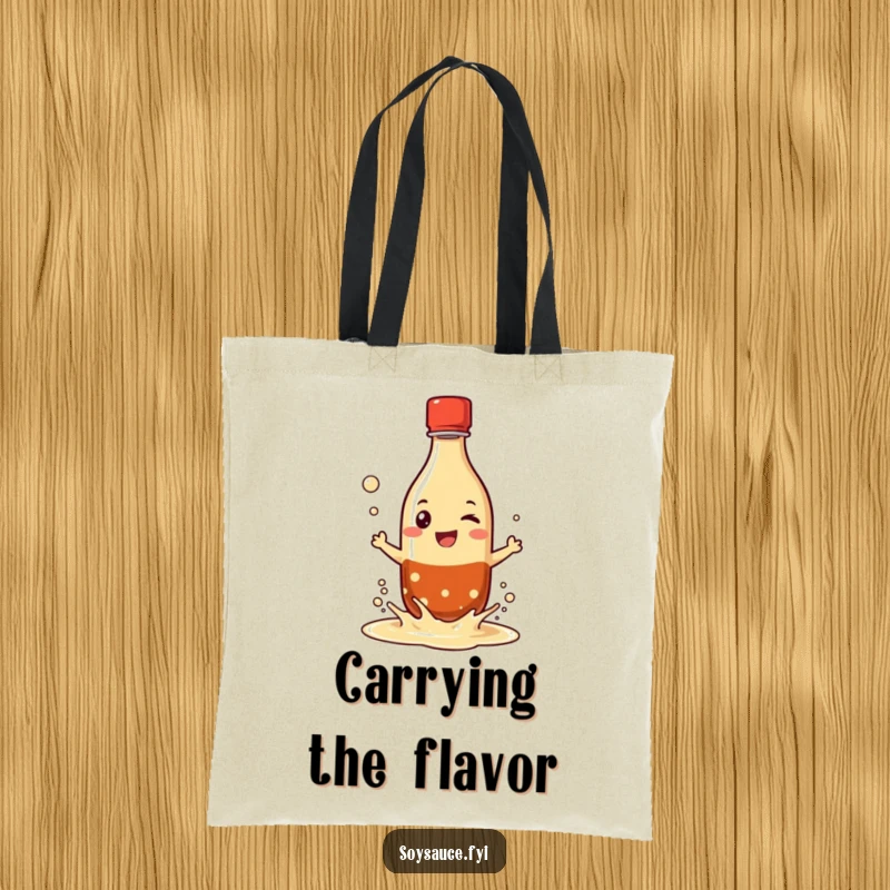 Funny tote bag showcasing a grinning soy sauce bottle character playfully splashing its liquid, perfect for carrying groceries with a bold statement.