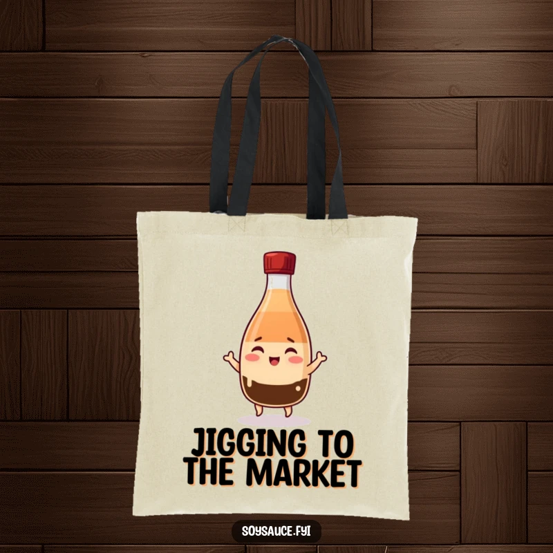 Funny Kawaii soy sauce bottle tote bag, winking cheerfully and doing a tiny jig, practical and full of movement.