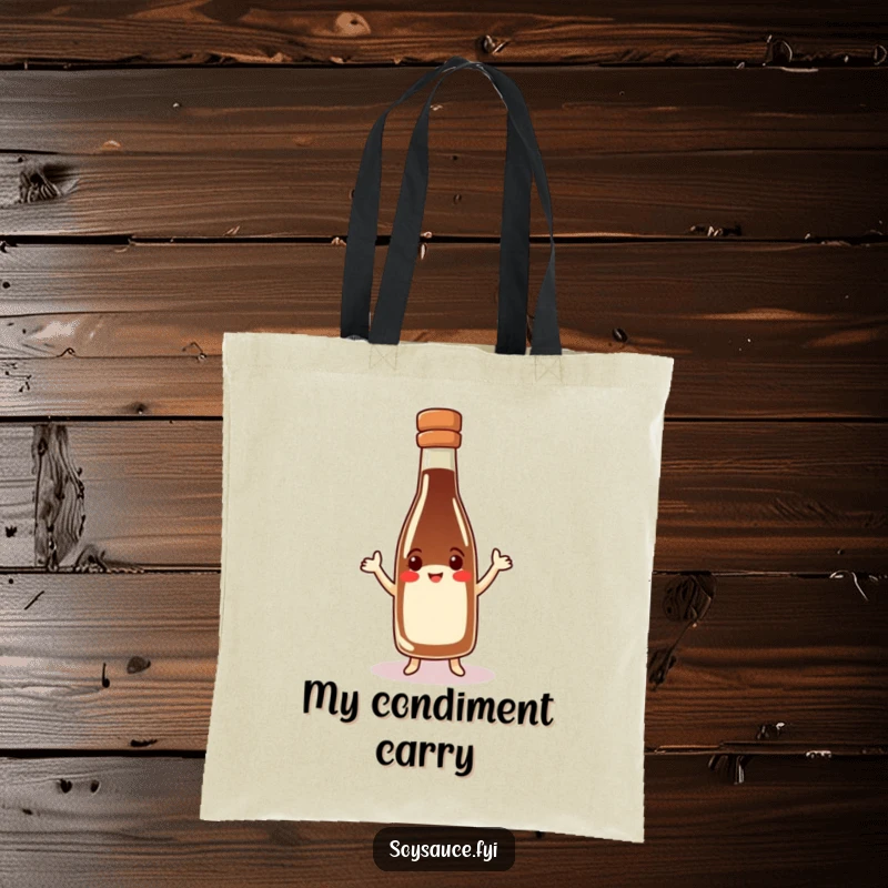 Funny soy sauce bottle tote bag, happy character in hat doing a jig, durable and spacious, great for groceries.
