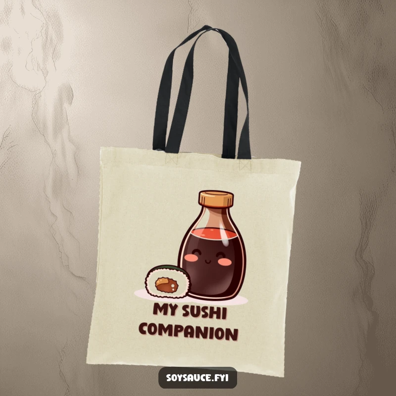 Funny Tote Bag: A durable bag printed with a smiling soy sauce bottle and sushi roll, ideal for foodies on the go.