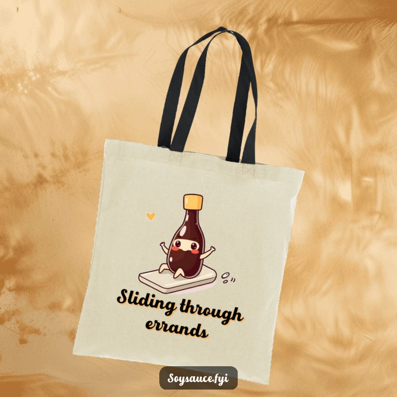 Funny kawaii soy sauce bottle doing a smooth, funny slide with a smile, making this tote bag a humorous accessory.