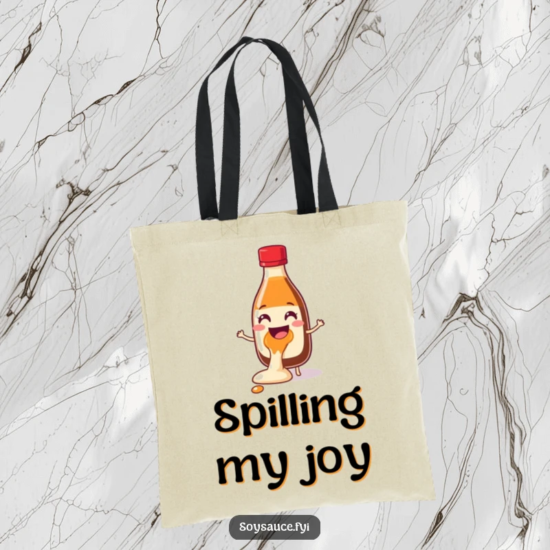 Funny Soy Sauce Glee Spill Tote Bag showing a cheerful bottle character joyfully spilling, perfect for carrying items with a humorous, happy vibe.