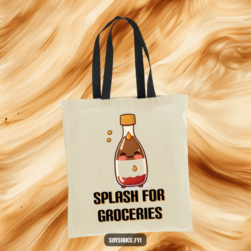 Funny Kawaii soy sauce bottle tote bag, smiling and splashing a tiny drop, functional and full of personality.
